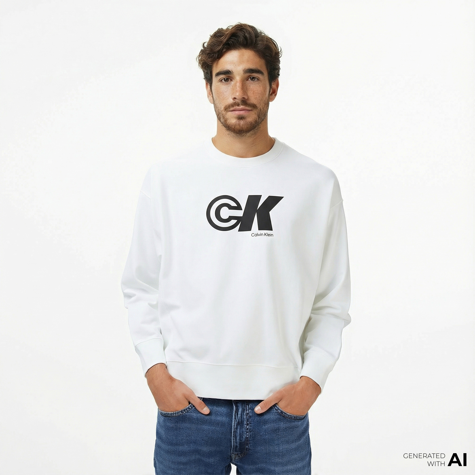 Calvin Klein Premium Terry Sport Graphic Erkek Beyaz Sweatshirt