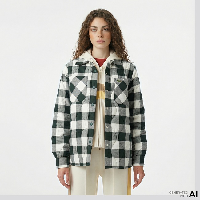  Lacoste Kadın Ekose Koyu Yeşil Gömlek