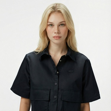  Lacoste Kadın Regular Fit Yarım Kollu Siyah Gömlek