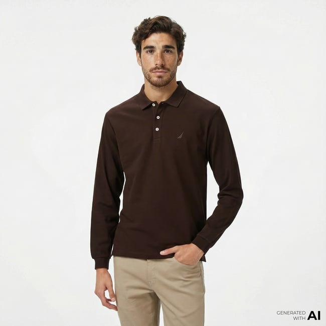  Nautica Erkek Kahverengi Classic Fit Uzun Kollu Polo Yaka T-Shirt