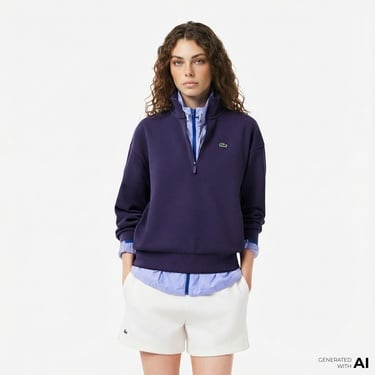  Lacoste Kadın Relaxed Fit Yarım Fermuarlı Mor Sweatshirt
