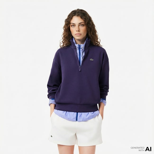  Lacoste Kadın Relaxed Fit Yarım Fermuarlı Mor Sweatshirt
