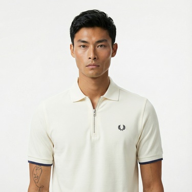 Fred Perry Crepe Pique Zip Neck Erkek Bej Polo