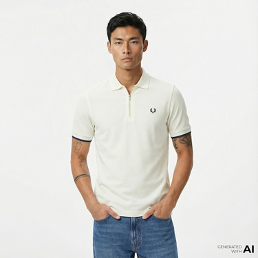  Fred Perry Crepe Pique Zip Neck Erkek Bej Polo
