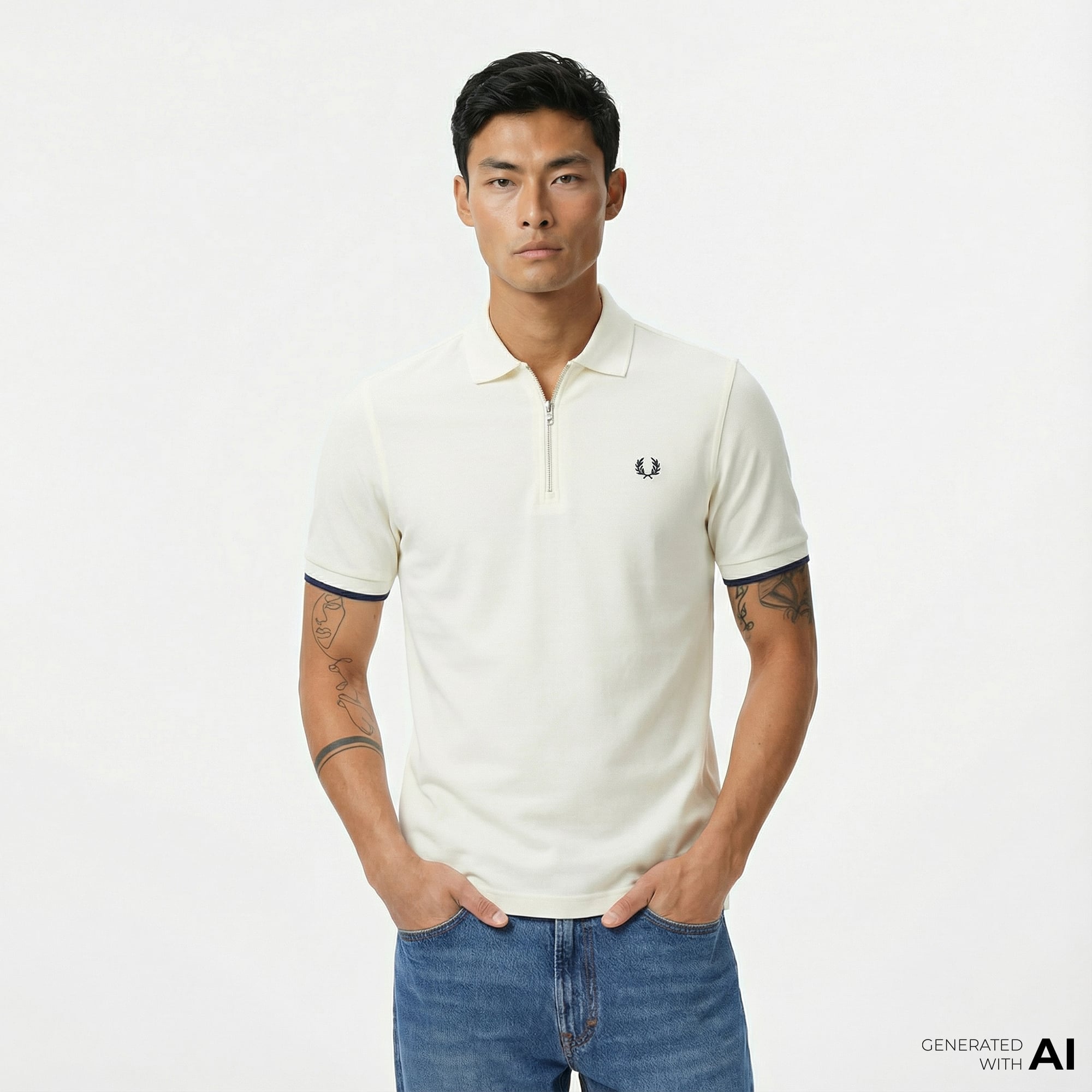  Fred Perry Crepe Pique Zip Neck Erkek Bej Polo