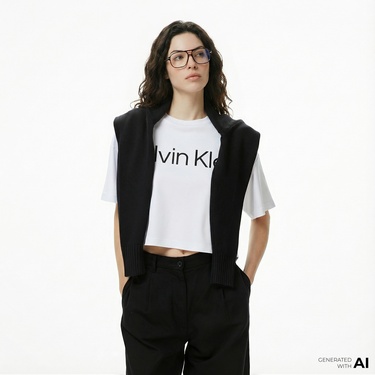  Calvin Klein Boxy Logo Graphic Kadın Beyaz T-Shirt