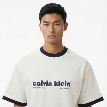 Calvin Klein Retro Logo Ringer Erkek Beyaz T-Shirt