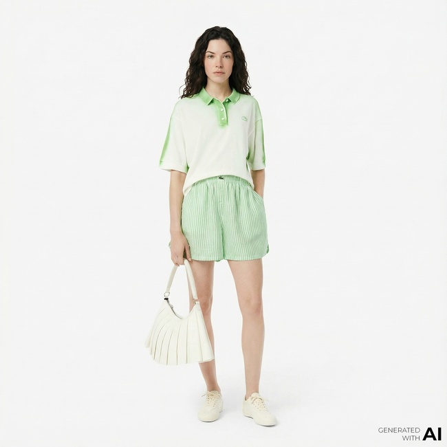  Lacoste Kadın Loose Fit Çizgili Keten Yeşil Şort