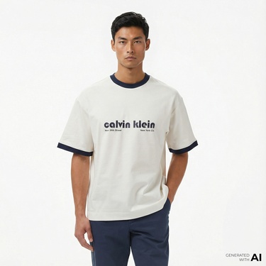  Calvin Klein Retro Logo Ringer Erkek Beyaz T-Shirt