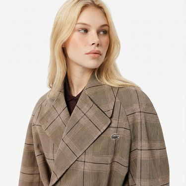  Lacoste Kadın Relaxed Fit Ekose Bej Kaban