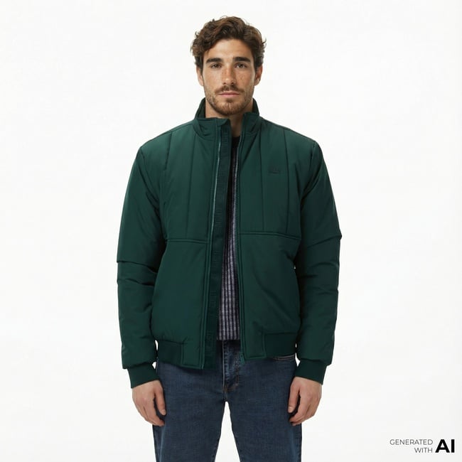  Lacoste Erkek Dik Yaka Koyu Yeşil Mont