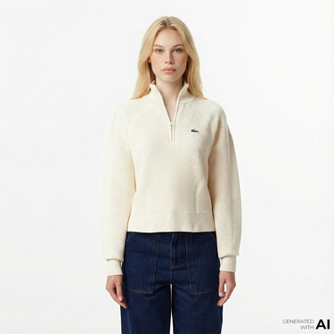  Lacoste Kadın Relaxed Fit Yarım Fermuarlı Krem Kazak