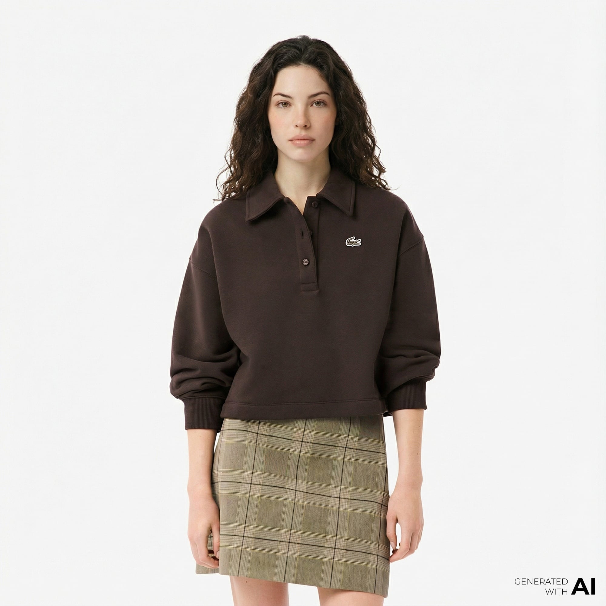 Lacoste Kadın Oversize Fit Polo Yaka Kahverengi Sweatshirt