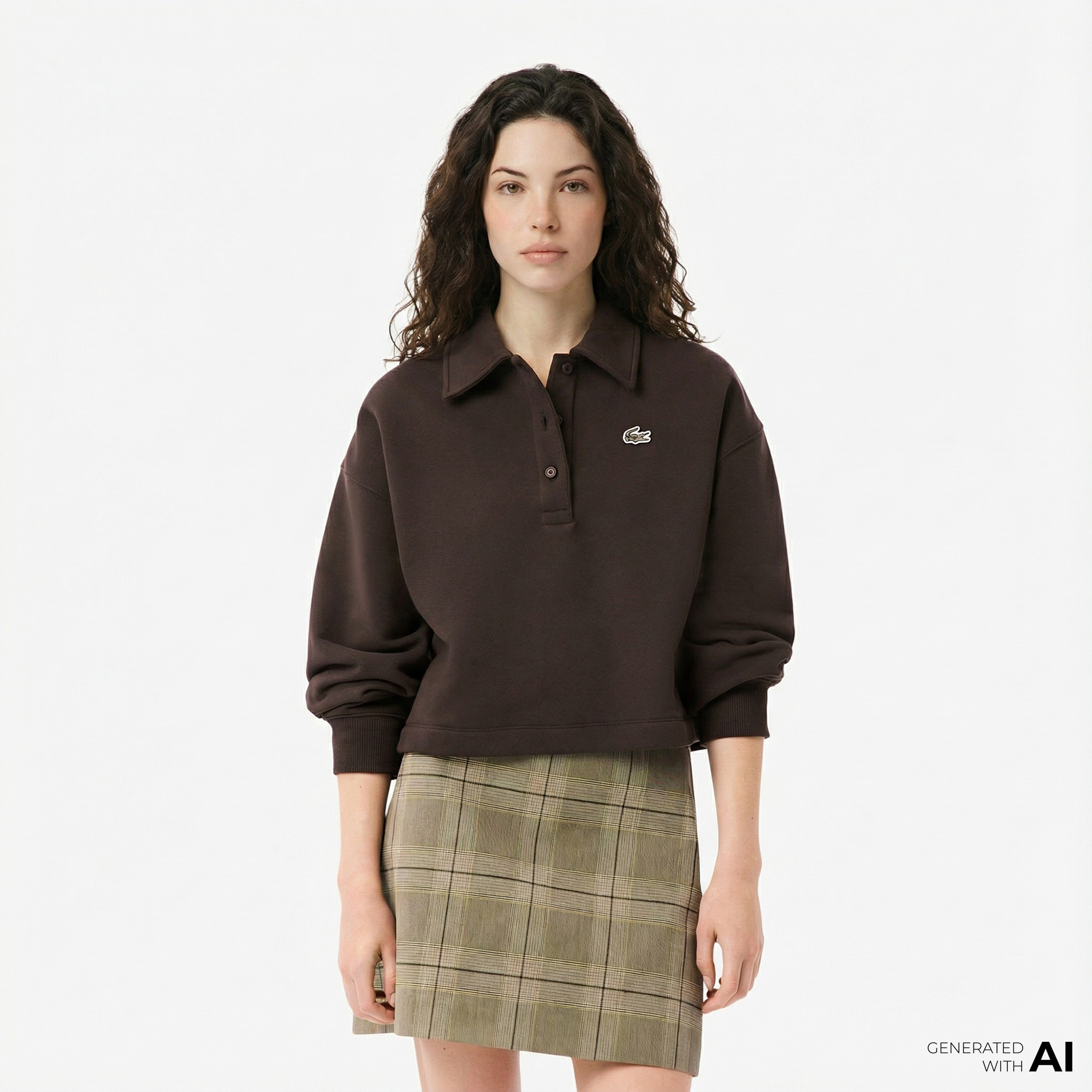  Lacoste Kadın Oversize Fit Polo Yaka Kahverengi Sweatshirt