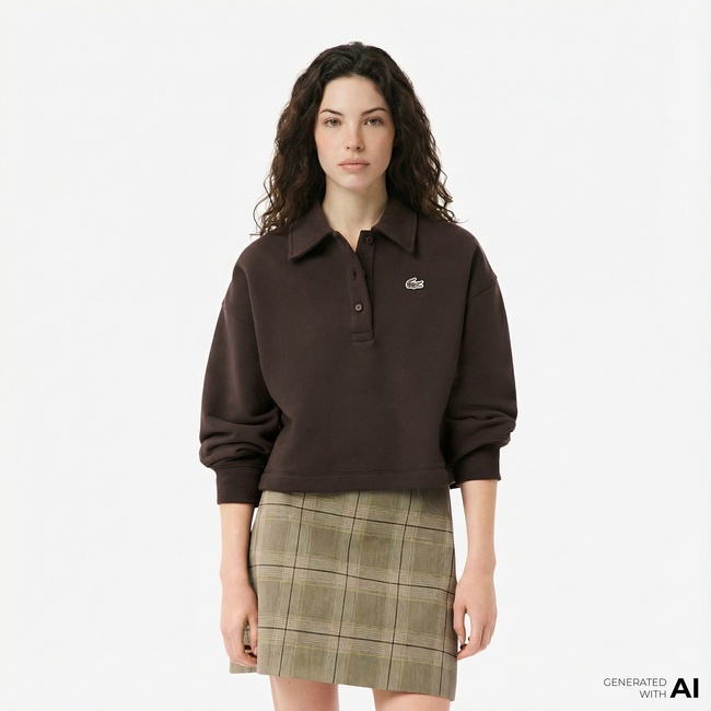  Lacoste Kadın Oversize Fit Polo Yaka Kahverengi Sweatshirt