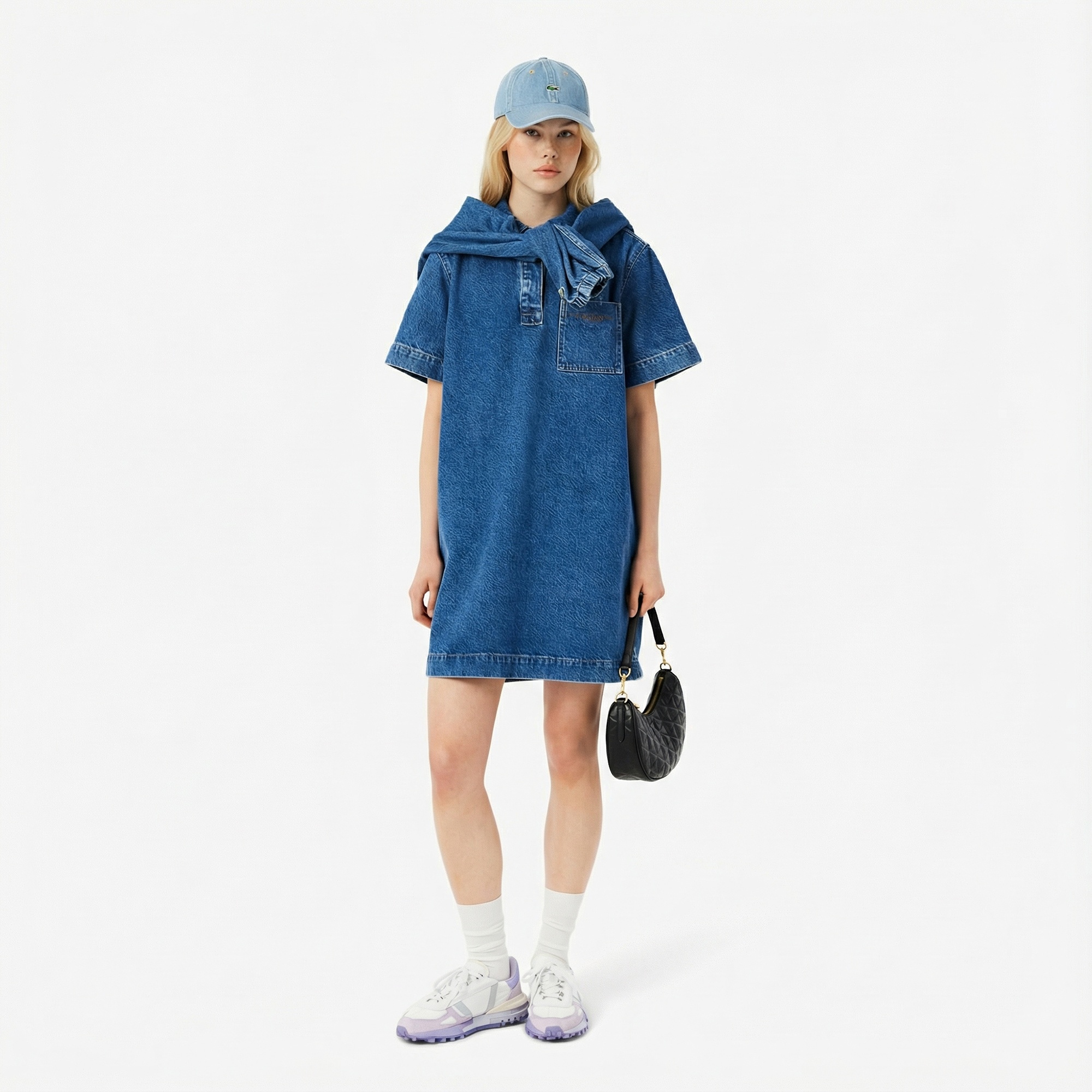 Lacoste Kadın Oversize Fit Kısa Kollu Polo Yaka Denim Mavi Elbise