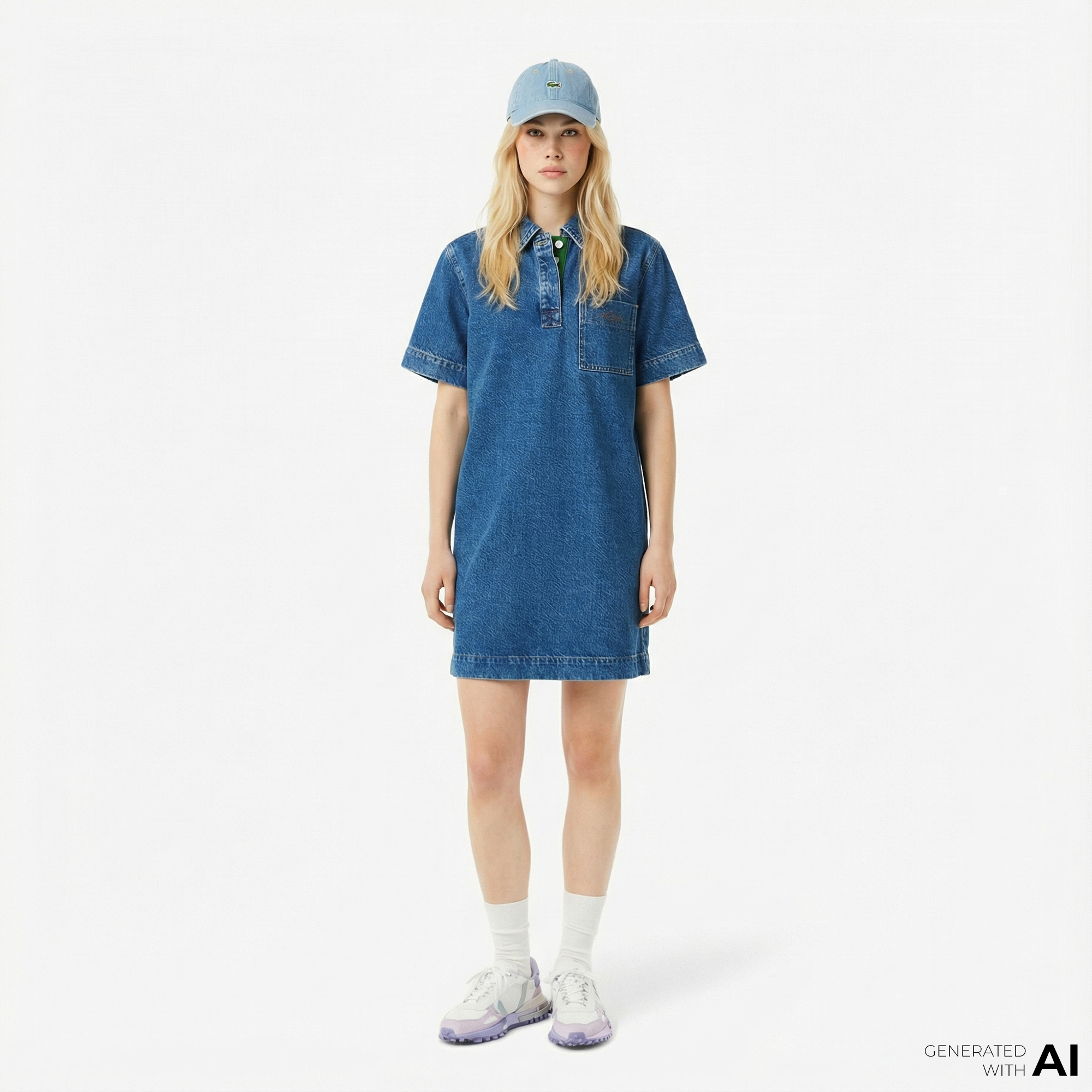  Lacoste Kadın Oversize Fit Kısa Kollu Polo Yaka Denim Mavi Elbise