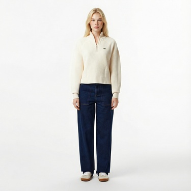  Lacoste Kadın Relaxed Fit Yarım Fermuarlı Krem Kazak
