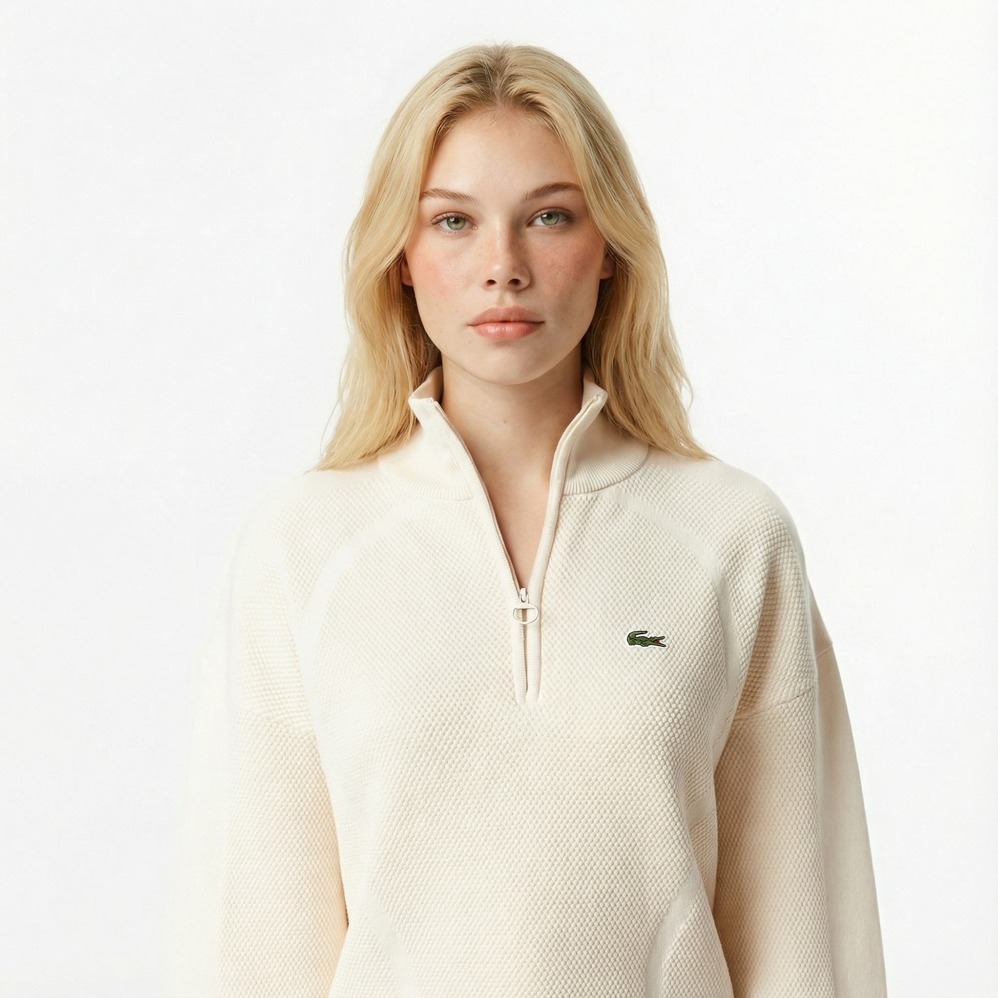 Lacoste Kadın Relaxed Fit Yarım Fermuarlı Krem Kazak