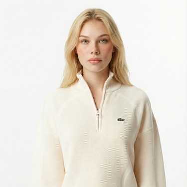  Lacoste Kadın Relaxed Fit Yarım Fermuarlı Krem Kazak