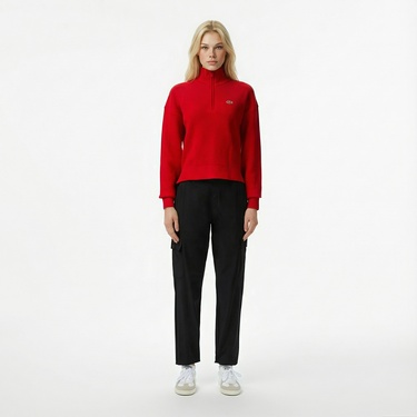  Lacoste Kadın Relaxed Fit Yarım Fermuarlı Kırmızı Kazak