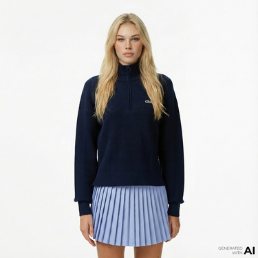  Lacoste Kadın Relaxed Fit Yarım Fermuarlı Lacivert Kazak