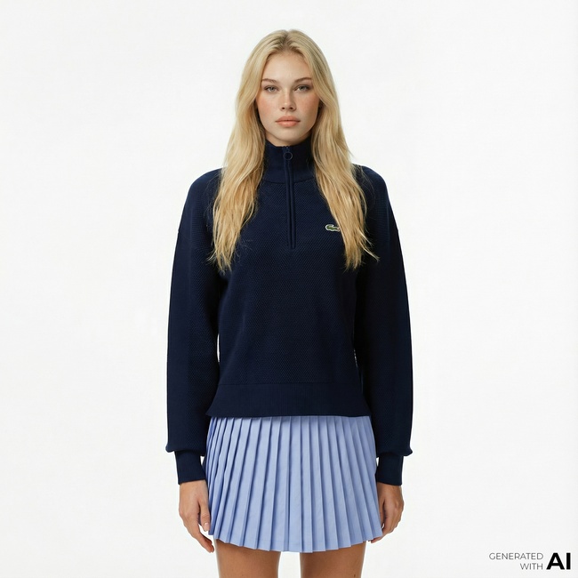  Lacoste Kadın Relaxed Fit Yarım Fermuarlı Lacivert Kazak