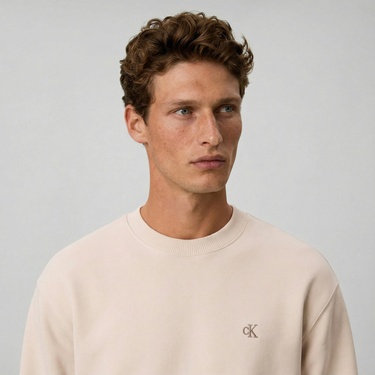  Calvin Klein Terry Monogram Erkek Beyaz Sweatshirt