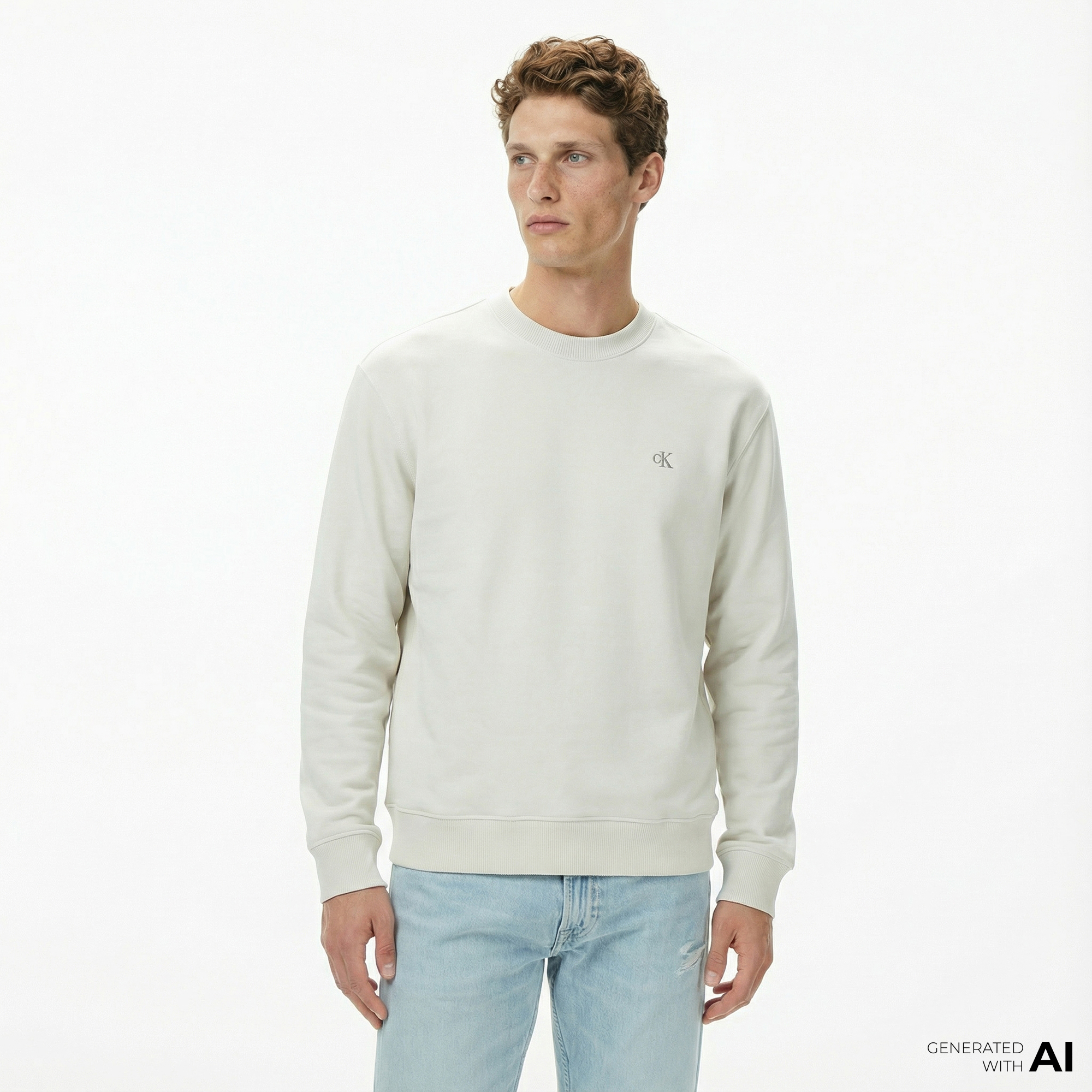  Calvin Klein Terry Monogram Erkek Beyaz Sweatshirt