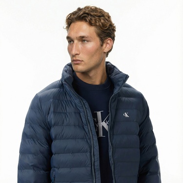  Calvin Klein Nylon Hooded Puffer Erkek Lacivert Mont