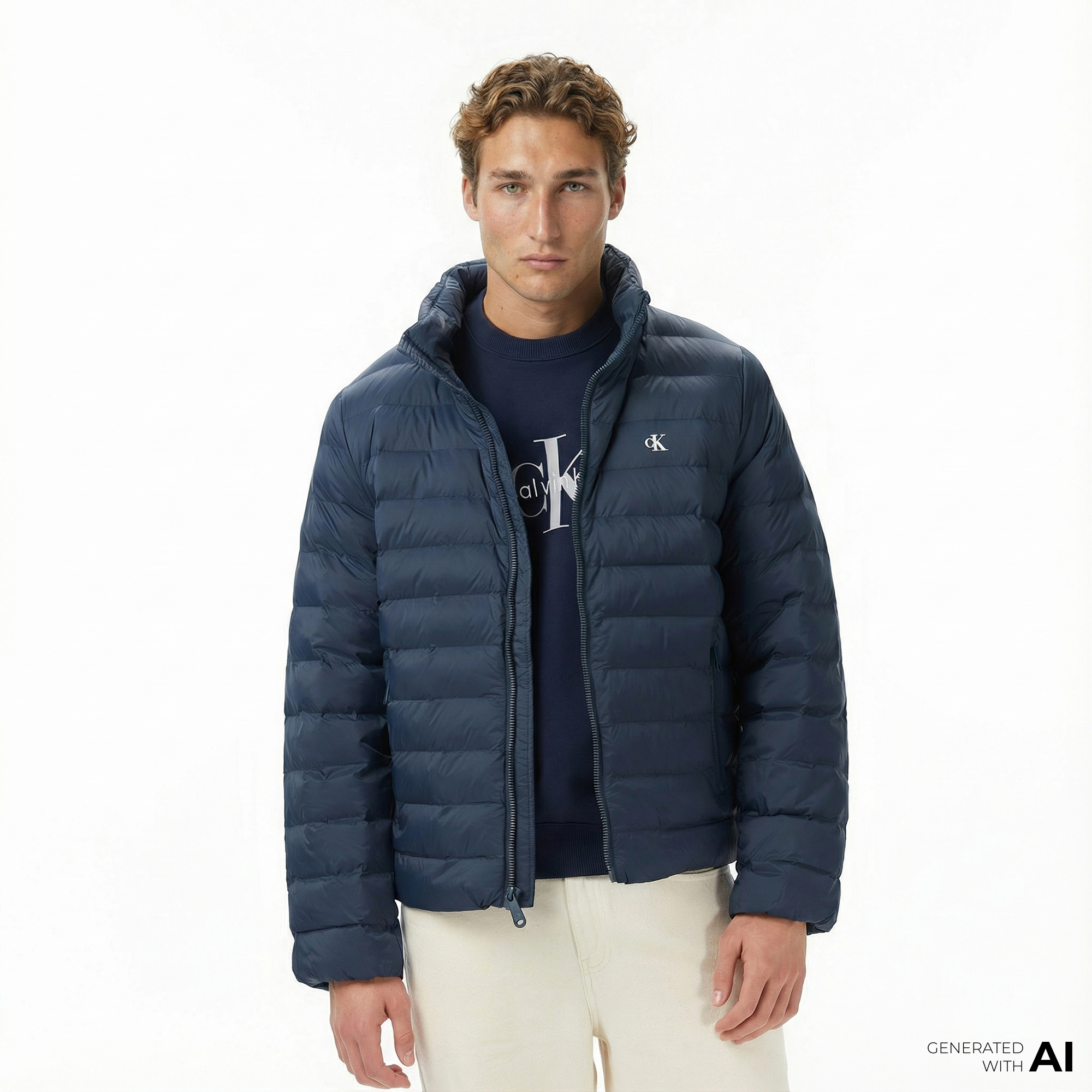  Calvin Klein Nylon Hooded Puffer Erkek Lacivert Mont