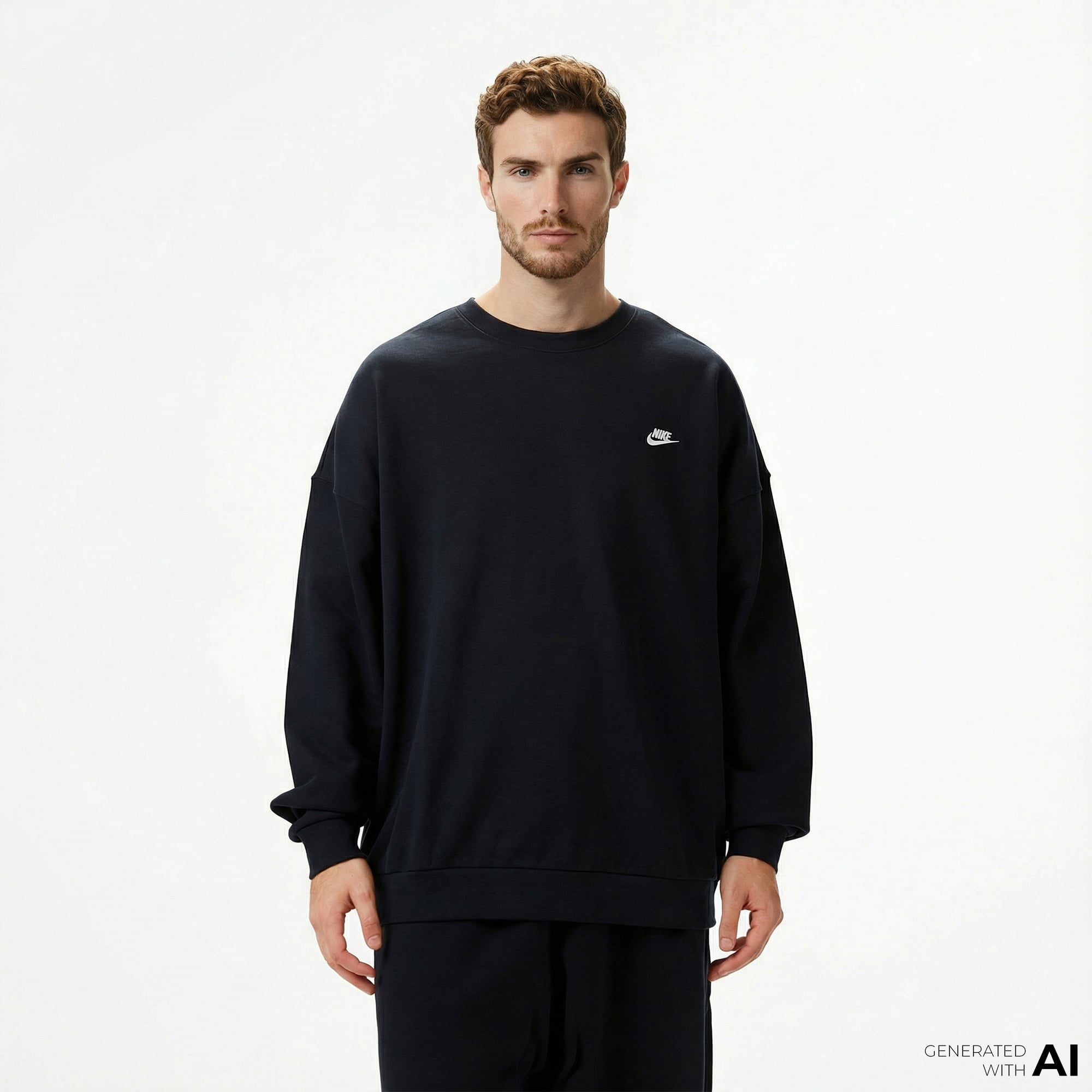  Nike Club Fleece Oversized Crew Erkek Siyah Sweatshirt