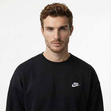  Nike Club Fleece Oversized Crew Erkek Siyah Sweatshirt