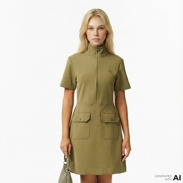  Lacoste Kadın Classic Fit Kısa Kollu Dik Yaka Haki Elbise