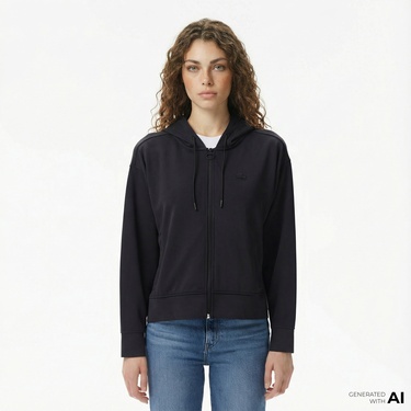  Lacoste Kadın Relaxed Fit Kapüşonlu Siyah Sweatshirt