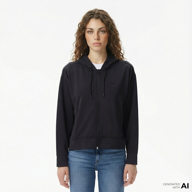  Lacoste Kadın Relaxed Fit Kapüşonlu Siyah Sweatshirt