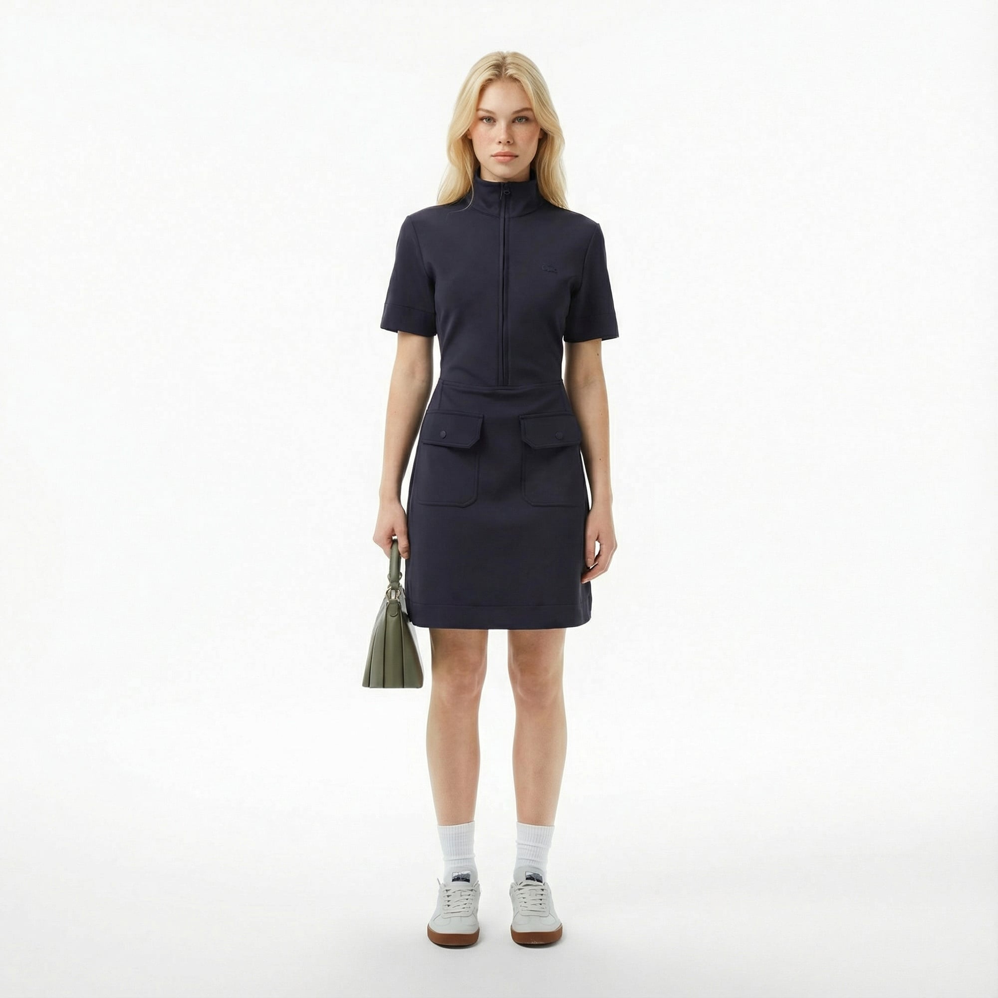 Lacoste Kadın Classic Fit Kısa Kollu Dik Yaka Koyu Mavi Elbise