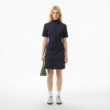  Lacoste Kadın Classic Fit Kısa Kollu Dik Yaka Koyu Mavi Elbise