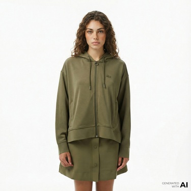  Lacoste Kadın Relaxed Fit Kapüşonlu Haki Sweatshirt