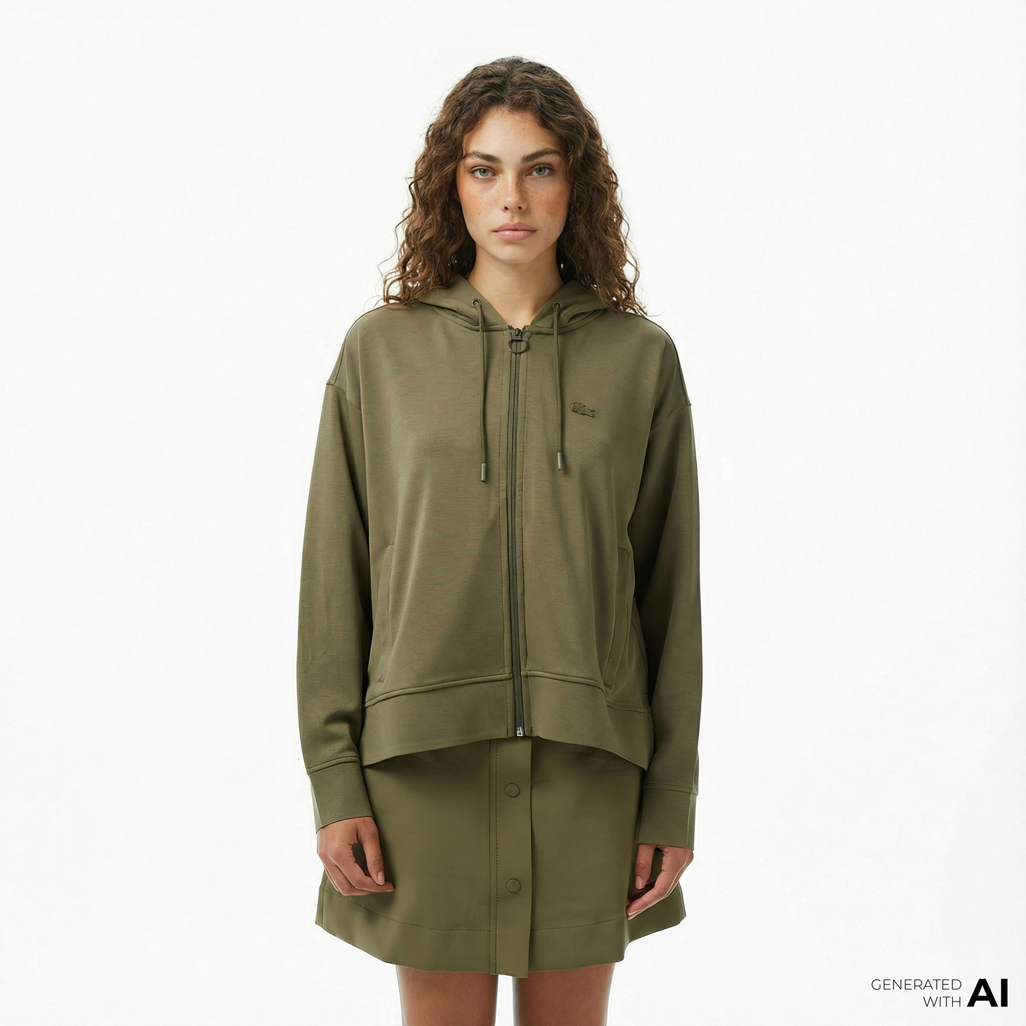  Lacoste Kadın Relaxed Fit Kapüşonlu Haki Sweatshirt