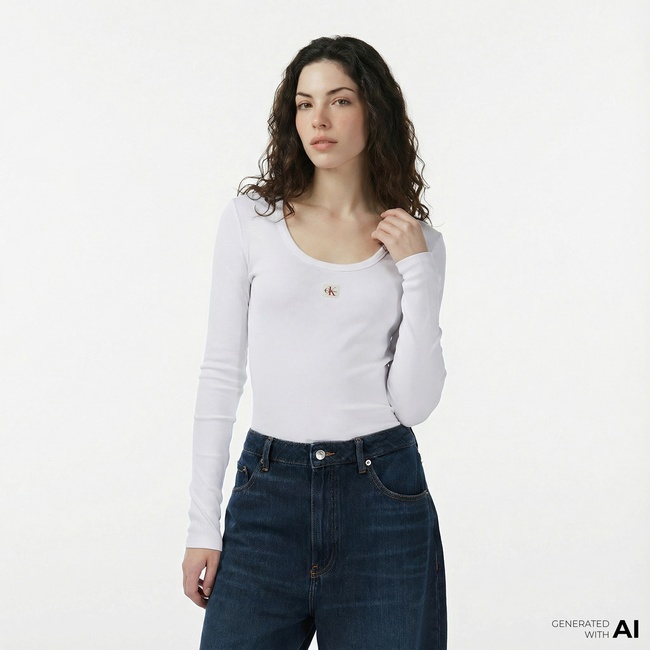  Calvin Klein Woven Label Kadın Beyaz T-Shirt