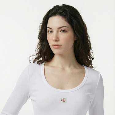  Calvin Klein Woven Label Kadın Beyaz T-Shirt