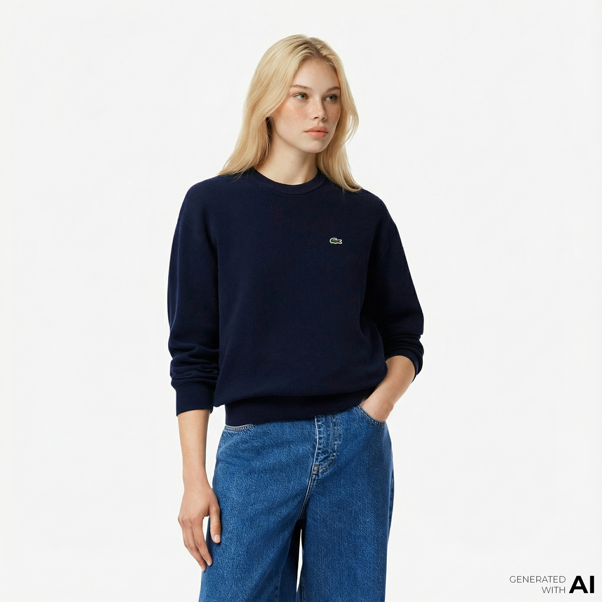  Lacoste Kadın Relaxed Fit Bisiklet Yaka Lacivert Kazak