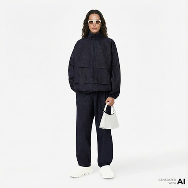  Lacoste Runway Unisex Oversize Fit Dik Yaka Denim Lacivert Ceket