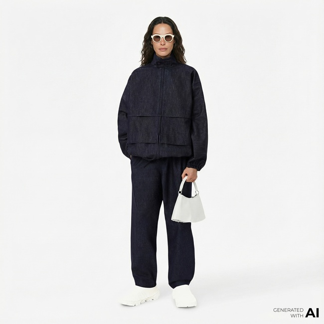  Lacoste Runway Unisex Oversize Fit Dik Yaka Denim Lacivert Ceket