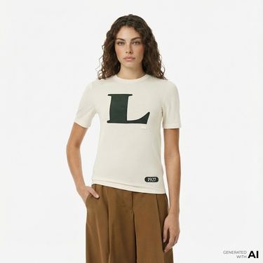  Lacoste Runway Kadın Bisiklet Yaka Baskılı İpek Beyaz T-Shirt