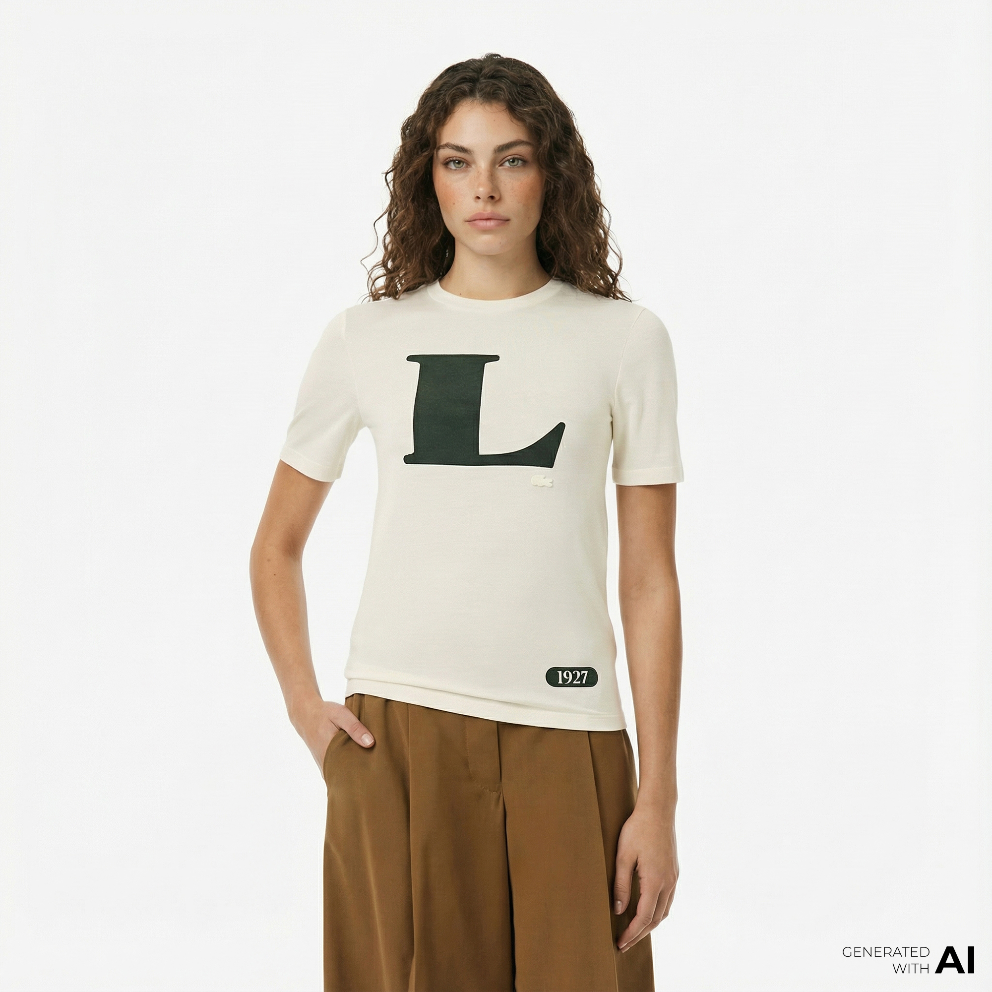 Lacoste Runway Kadın Bisiklet Yaka Baskılı İpek Beyaz T-Shirt