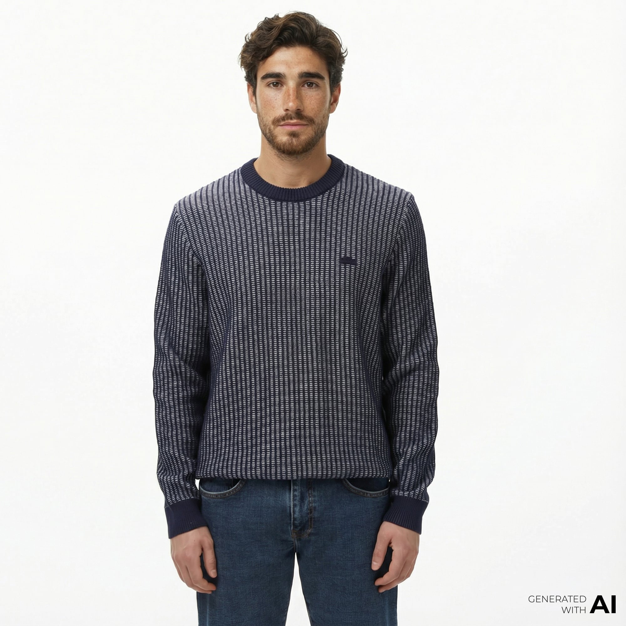  Lacoste Erkek Classic Fit Bisiklet Yaka Desenli Lacivert Kazak