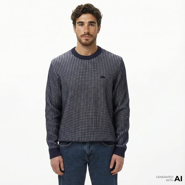  Lacoste Erkek Classic Fit Bisiklet Yaka Desenli Lacivert Kazak