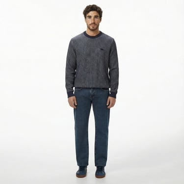  Lacoste Erkek Classic Fit Bisiklet Yaka Desenli Lacivert Kazak